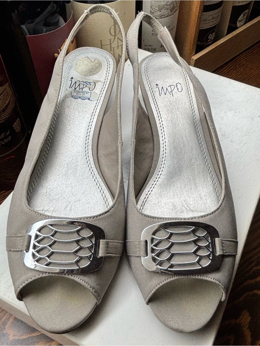 Impo Taupe Slingback Peep-Toe Flats with Silver Accent